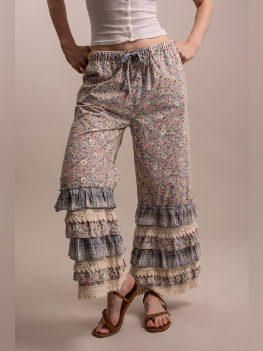 Bluevelvet washed blue floral embroidered patchwork ruffle bohemian boho pant